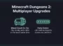 An infographic illustrating the new multiplayer features in Minecraft Dungeons 2, highlighting the mixed couch co-op capabilities and cross-platform party codes.