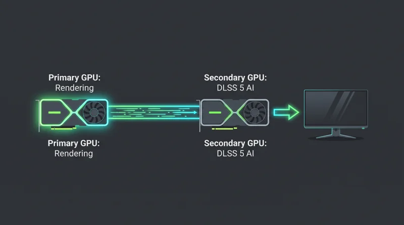 Diagram showing a primary GPU handling rendering workloads and a secondary GPU processing DLSS 5 AI upscaling via a PCIe link.
