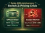 An infographic comparing the official retail price of the Zelda 40th Anniversary Switch 2 at 435 pounds against the exorbitant eBay scalper prices ranging from 700 to 985 dollars.