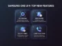 Infographic highlighting top new features in Samsung One UI 9, including My FanCam dynamic framing, Now Nudge contextual alerts, Security Brief system audits, and expanded Scam Detection.