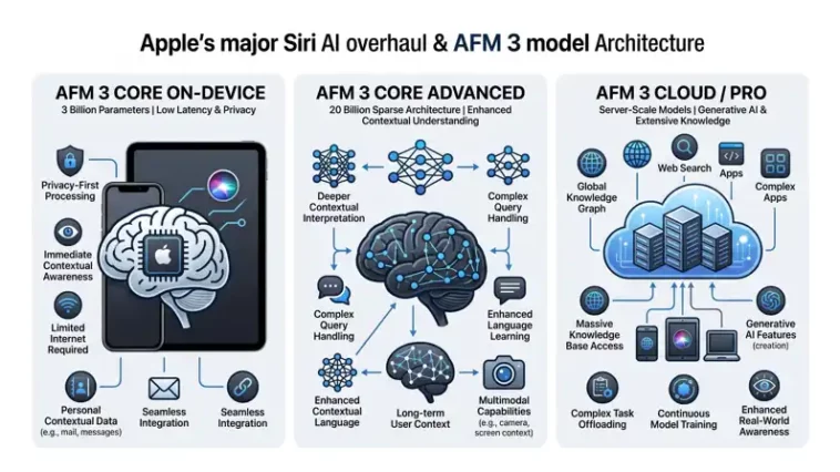 A clean, modern tech infographic illustrating Apple's context-aware Siri AI overhaul and AFM 3 on-device and cloud model tiers with wide negative space framing.