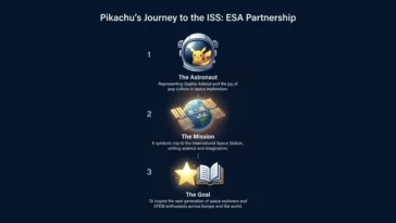 Timeline infographic showing Pikachu's journey to the International Space Station with ESA astronaut Sophie Adenot.