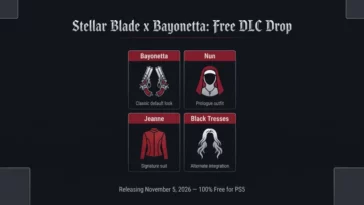 Infographic detailing the four free Bayonetta crossover outfits coming to Stellar Blade on PS5, including the Classic, Nun, Jeanne, and Black Tresses costumes releasing on November 5.