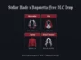 Infographic detailing the four free Bayonetta crossover outfits coming to Stellar Blade on PS5, including the Classic, Nun, Jeanne, and Black Tresses costumes releasing on November 5.