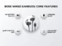 Infographic illustrating the main features of the Bose Noise Cancelling Wired Earbuds, including the USB-C connection, no battery requirement, QuietControl ANC, and IPX4 water resistance rating.