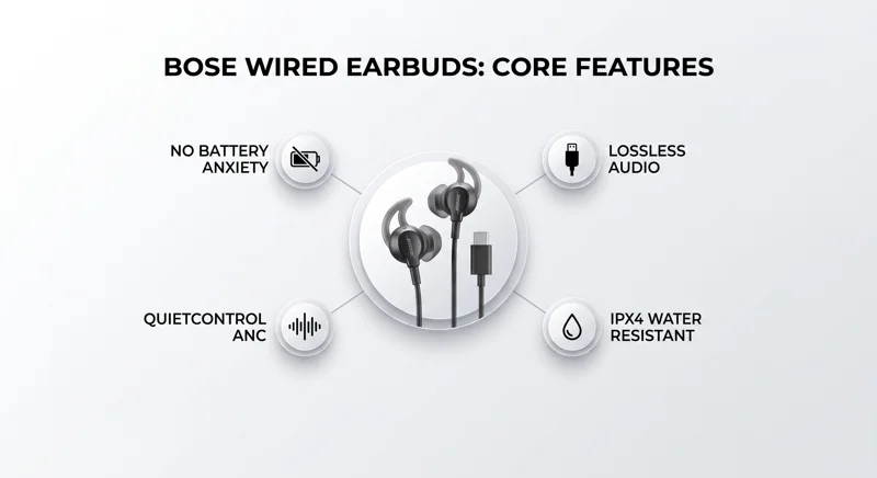 Infographic illustrating the main features of the Bose Noise Cancelling Wired Earbuds, including the USB-C connection, no battery requirement, QuietControl ANC, and IPX4 water resistance rating.