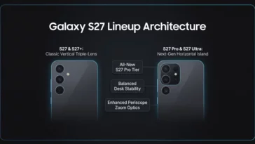 Infographic comparing the Galaxy S27 series designs, showing the vertical camera layout of S27 and S27 Plus alongside the horizontal camera island of S27 Pro and S27 Ultra.