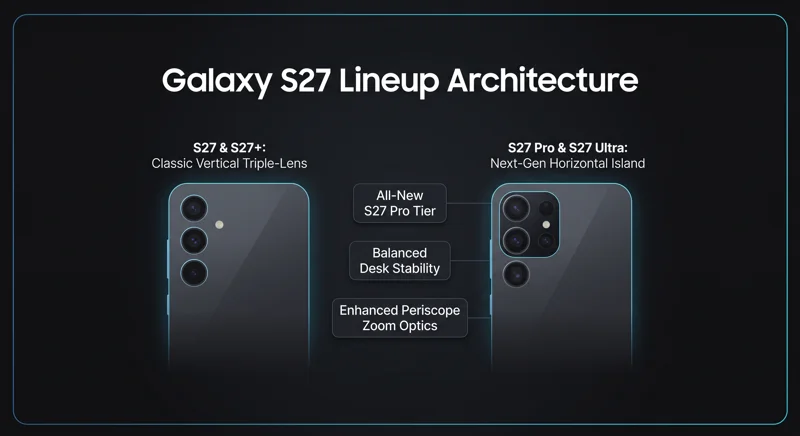 Infographic comparing the Galaxy S27 series designs, showing the vertical camera layout of S27 and S27 Plus alongside the horizontal camera island of S27 Pro and S27 Ultra.