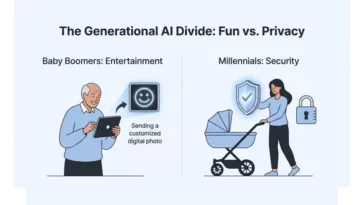 Infographic comparing Baby Boomer and Millennial perspectives on AI family photos, highlighting the divide between harmless entertainment and biometric privacy concerns.