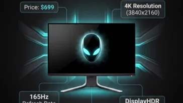 Infographic detailing the specs of the $699 Alienware AW3226Q 4K Tandem WOLED gaming monitor, including 165Hz refresh rate and HDR True Black 400.