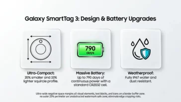 An infographic detailing the design upgrades of the Samsung Galaxy SmartTag 3, highlighting its 35% smaller size, IP67 rating, and 790-day battery life.