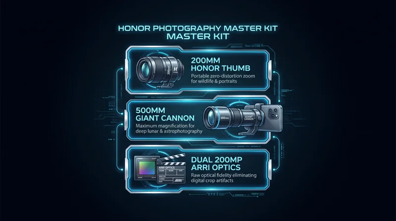 Infographic detailing the Honor Photography Master Kit, featuring the 200mm Honor Thumb lens, the 500mm Giant Cannon telephoto attachment, and the dual 200MP ARRI optics designed for extreme lunar photography.