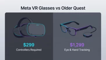 Infographic comparing the older bulky Quest headset to the new mark zuckerberg 1299 meta vr glasses ai agent wearable featuring a sleek design and external puck.