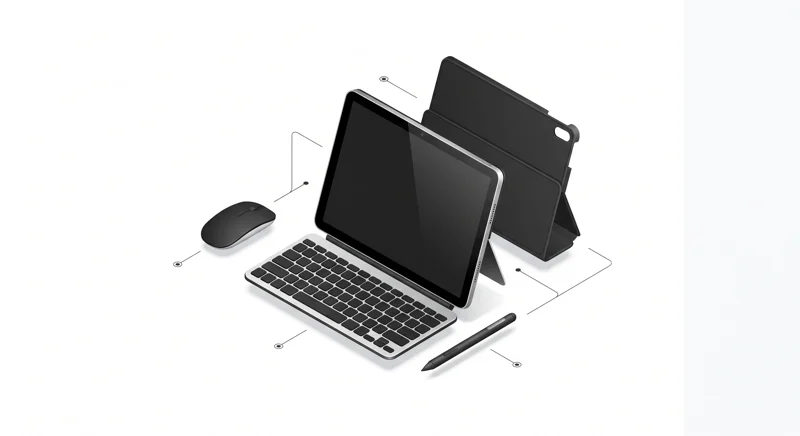 3D isometric infographic displaying a 10-inch tablet, wireless keyboard, mouse, stylus pen, and protective case arranged in a sleek exploded view.