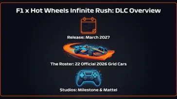 Infographic detailing the March 2027 release of the F1 Car Collection Pack for Hot Wheels Infinite Rush, featuring all 22 official grid cars.