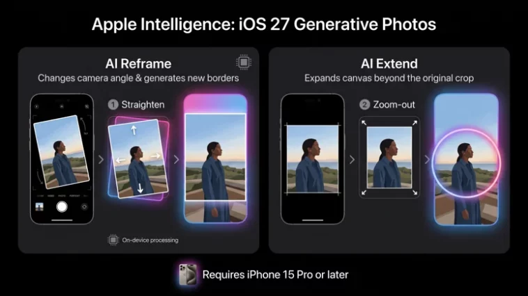 Infographic showing the new Apple Intelligence features in the iOS 27 Photos app, specifically the generative AI Reframe and Extend editing tools.
