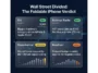 An infographic showing Wall Street analyst ratings on Apple after the iPhone Duo launch, featuring Citi's Buy rating and $365 target, Goldman Sachs' positive stance on ASP growth, Oppenheimer's Perform rating noting supply limits, and Needham's Hold rating over AI concerns.