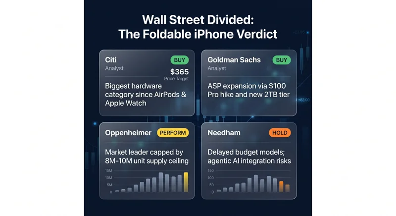 An infographic showing Wall Street analyst ratings on Apple after the iPhone Duo launch, featuring Citi's Buy rating and $365 target, Goldman Sachs' positive stance on ASP growth, Oppenheimer's Perform rating noting supply limits, and Needham's Hold rating over AI concerns.