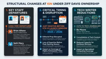 A clean, modern media industry infographic illustrating the departure of key staff like Brian Altano and Seth Macy just months before the GTA 6 launch with wide negative space framing