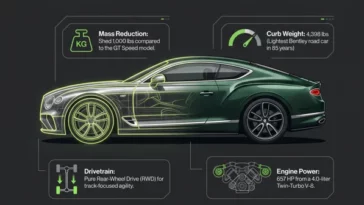 Infographic detailing the 1,000-pound weight reduction and engineering changes of the 2026 Bentley Continental Supersports.