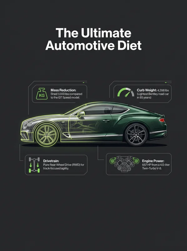 Infographic detailing the 1,000-pound weight reduction and engineering changes of the 2026 Bentley Continental Supersports.