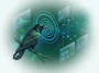 3D isometric infographic showing artificial intelligence processing bird sounds, featuring a wild carrion crow with a tiny microphone and glowing data streams translating natural audio waves into digital language.