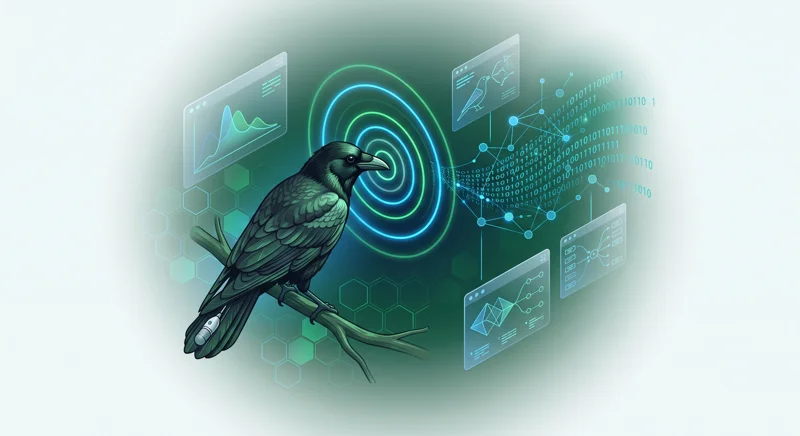 3D isometric infographic showing artificial intelligence processing bird sounds, featuring a wild carrion crow with a tiny microphone and glowing data streams translating natural audio waves into digital language.