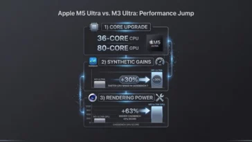 Infographic comparing the Apple M5 Ultra and M3 Ultra Mac Studio chips, highlighting a 30 percent CPU speed increase and a 63 percent GPU rendering gain.