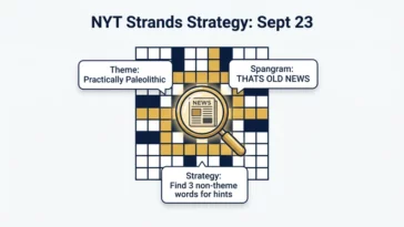 Infographic showing the strands nyt hint today practically paleolithic september 23 2026, featuring the daily spangram and puzzle-solving tips.