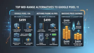 A clean, modern tech infographic illustrating mid-range budget smartphone alternatives including the Google Pixel 10a and Nothing Phone 4a Pro with wide negative space framing.