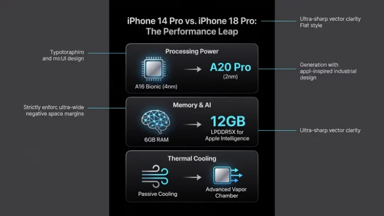 Infographic comparing the performance of the iPhone 14 Pro and iPhone 18 Pro, highlighting the A20 Pro chip, 12GB of RAM for Apple Intelligence, and the new vapor chamber cooling system.