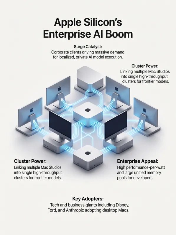 Infographic illustrating the unexpected enterprise demand for Apple Mac Studio and Mac mini to run localized AI models.