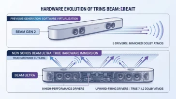 Infographic comparing the hardware evolution of the new Sonos Beam Ultra soundbar, highlighting the upgrade to 9 drivers and true 7.1.2 Dolby Atmos through upward-firing speakers.