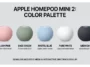 Infographic displaying the five rumored color options for the Apple HomePod Mini 2, including blush pink, sage green, pastel blue, pure white, and midnight, alongside its acoustic mesh fabric design.
