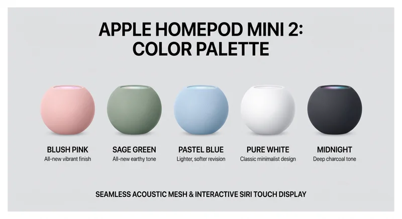 Infographic displaying the five rumored color options for the Apple HomePod Mini 2, including blush pink, sage green, pastel blue, pure white, and midnight, alongside its acoustic mesh fabric design.