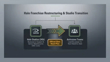 Infographic explaining why former Halo devs react to mass layoffs and the Activision takeover, detailing the shift from 343 Industries to Activision.
