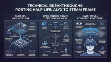 A clean, modern tech infographic illustrating core engineering achievements like tiler GPU optimization, open-source driver iteration, and gaze-driven foveated rendering with wide negative space framing.