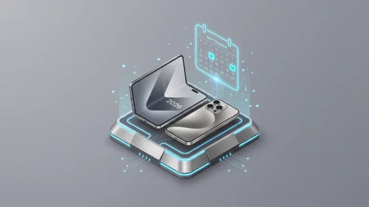 3D isometric infographic displaying a sleek foldable smartphone and a titanium slab-style phone on a glowing pedestal, accompanied by a calendar highlighting September 9 and 12.