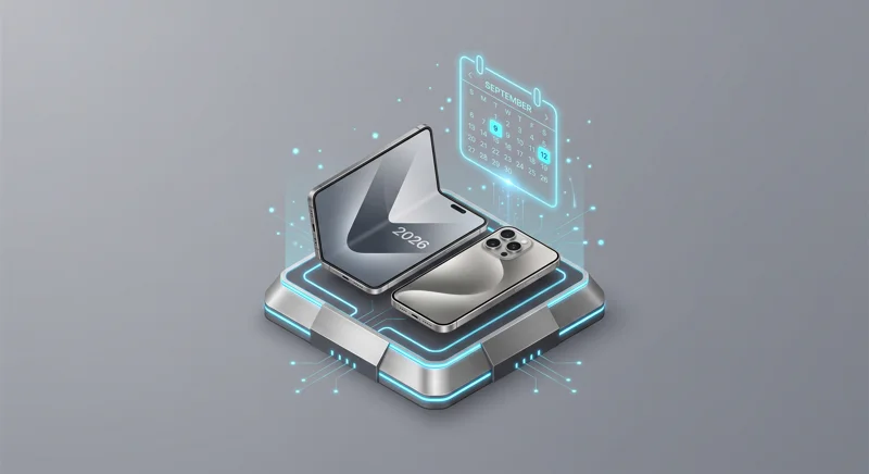 3D isometric infographic displaying a sleek foldable smartphone and a titanium slab-style phone on a glowing pedestal, accompanied by a calendar highlighting September 9 and 12.