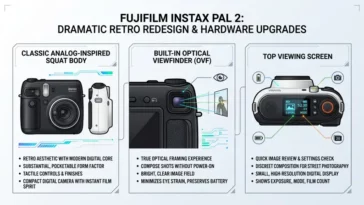 A clean, modern tech infographic illustrating the classic analog-inspired retro design, built-in optical viewfinder, and top viewing screen of the Fujifilm Instax Pal 2 digital camera with wide negative space framing.