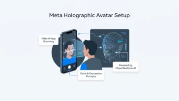 Infographic showing the quick setup process in our meta holograph avatar for ai and vr glasses update hands on, featuring smartphone scanning and Muse Realtime AI.