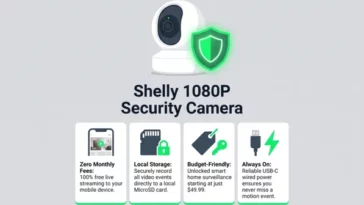 Infographic detailing the key features of the $50 Shelly security camera, highlighting zero subscription fees and local microSD video recording.