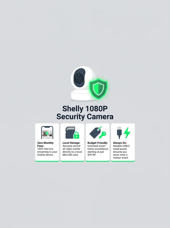 Infographic detailing the key features of the $50 Shelly security camera, highlighting zero subscription fees and local microSD video recording.