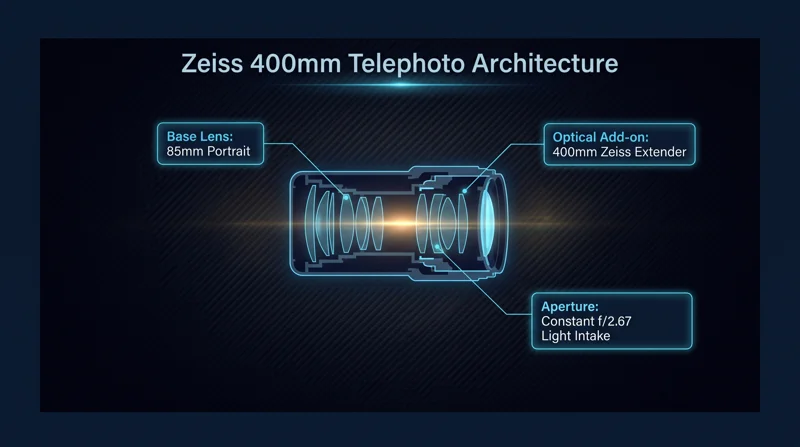 Diagram showing the 85mm base lens and Zeiss 400mm teleconverter with an f/2.67 aperture on the Vivo X500 Pro Max