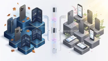 3D isometric infographic showing a split-release timeline for Apple's 2026 and 2027 smartphones, featuring premium Pro models and a foldable phone in the autumn section, and standard base models in the spring section.