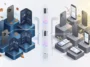 3D isometric infographic showing a split-release timeline for Apple's 2026 and 2027 smartphones, featuring premium Pro models and a foldable phone in the autumn section, and standard base models in the spring section.