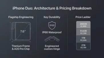 Infographic detailing the Apple iPhone Duo foldable architecture, 7.6-inch inner display, titanium build, and price tiers ranging from $1,999 to $3,199.