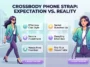 A split-screen infographic comparing the fashionable expectation of the crossbody phone strap style with the awkward reality of bunched-up jackets and dangling devices.