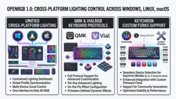 A clean, modern tech infographic illustrating OpenRGB 1.0 cross-platform lighting management across Windows, Linux, and macOS with wide negative space framing.