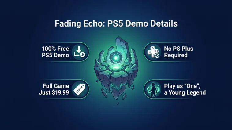 Infographic showing the ps5 rpg fading echo free demo ps store details, highlighting that no PS Plus subscription is required.